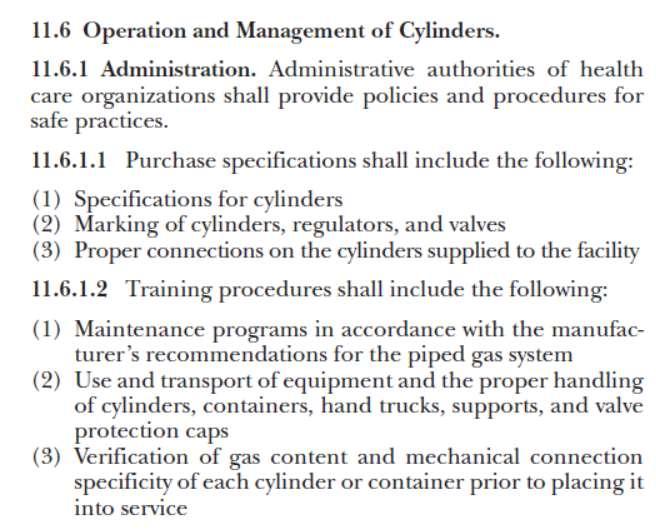11.6 Management Program Must have Policies for Safe Practice - Purchase Specs on cylinder