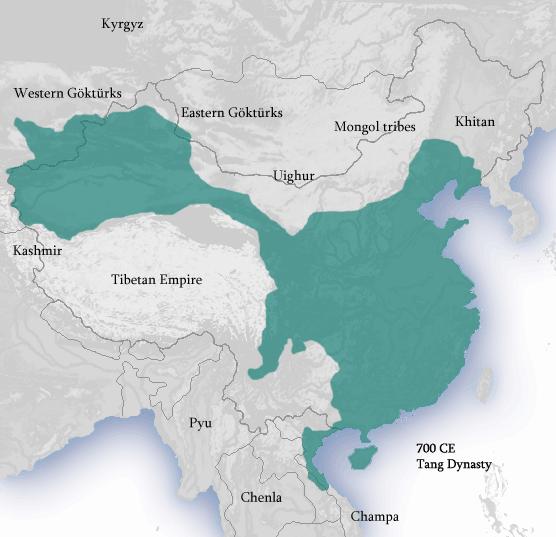 Image: Ian Kiu Tang Dynasty 700 AD from "The T'ang Dynasty, 618 906 A.D. Boundaries of 700 A.D." Albert Herrmann (1935). History and Commercial Atlas of China. Harvard University Press.