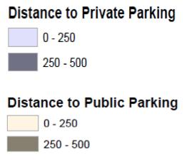 private parking (purple polygons). This shows that the southern portion of downtown lack sufficient parking, however Figure 2. This is a map showing the service areas of public and private parking.