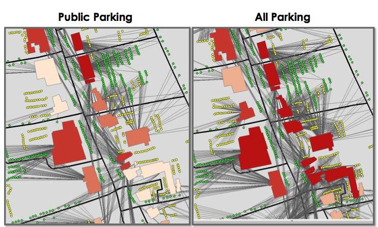 These maps display the allocation of parking places no further than 500  see how each building or business on Main Street in Brunswick