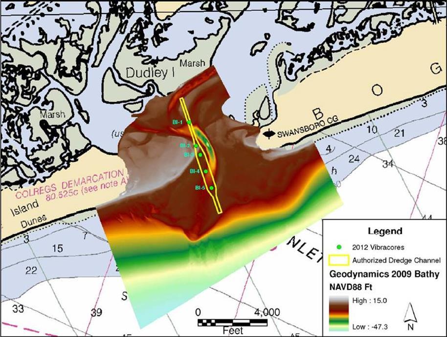 Source: Coastal Tech 2013 Figure 3.15. Bogue Inlet Proposed Ebb Channel Realignment Footprint with Vibracore Locations Table 3.10. Alternative 4 proposed Bogue Inlet Channel sediment characteristics.