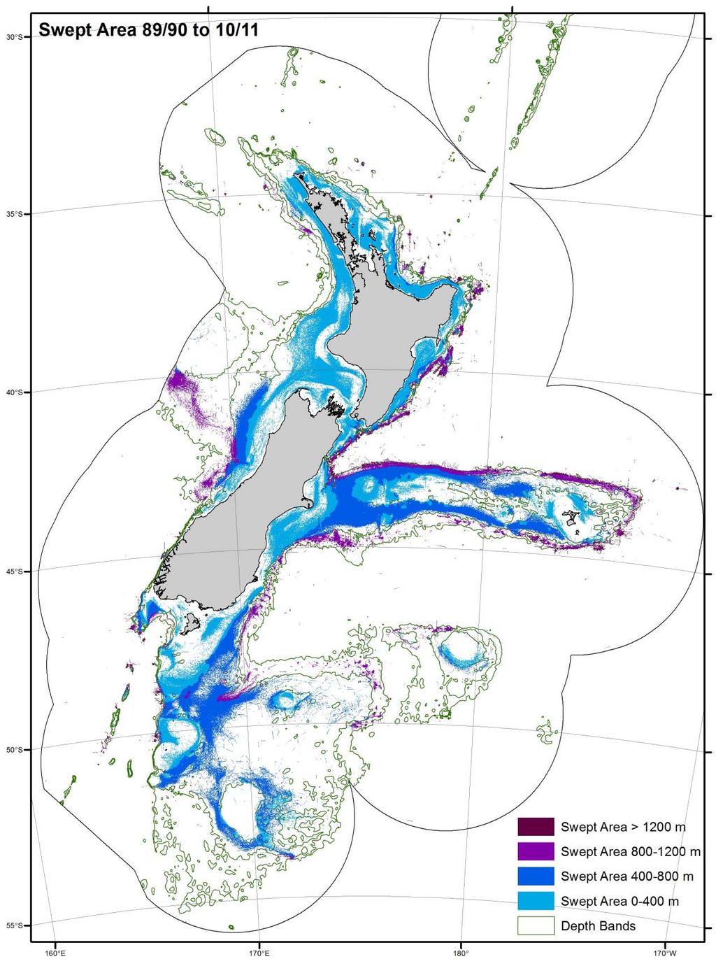 Figure 15: Swept area coloured by depth zone (400, 800 and 1200 m contours are shown).