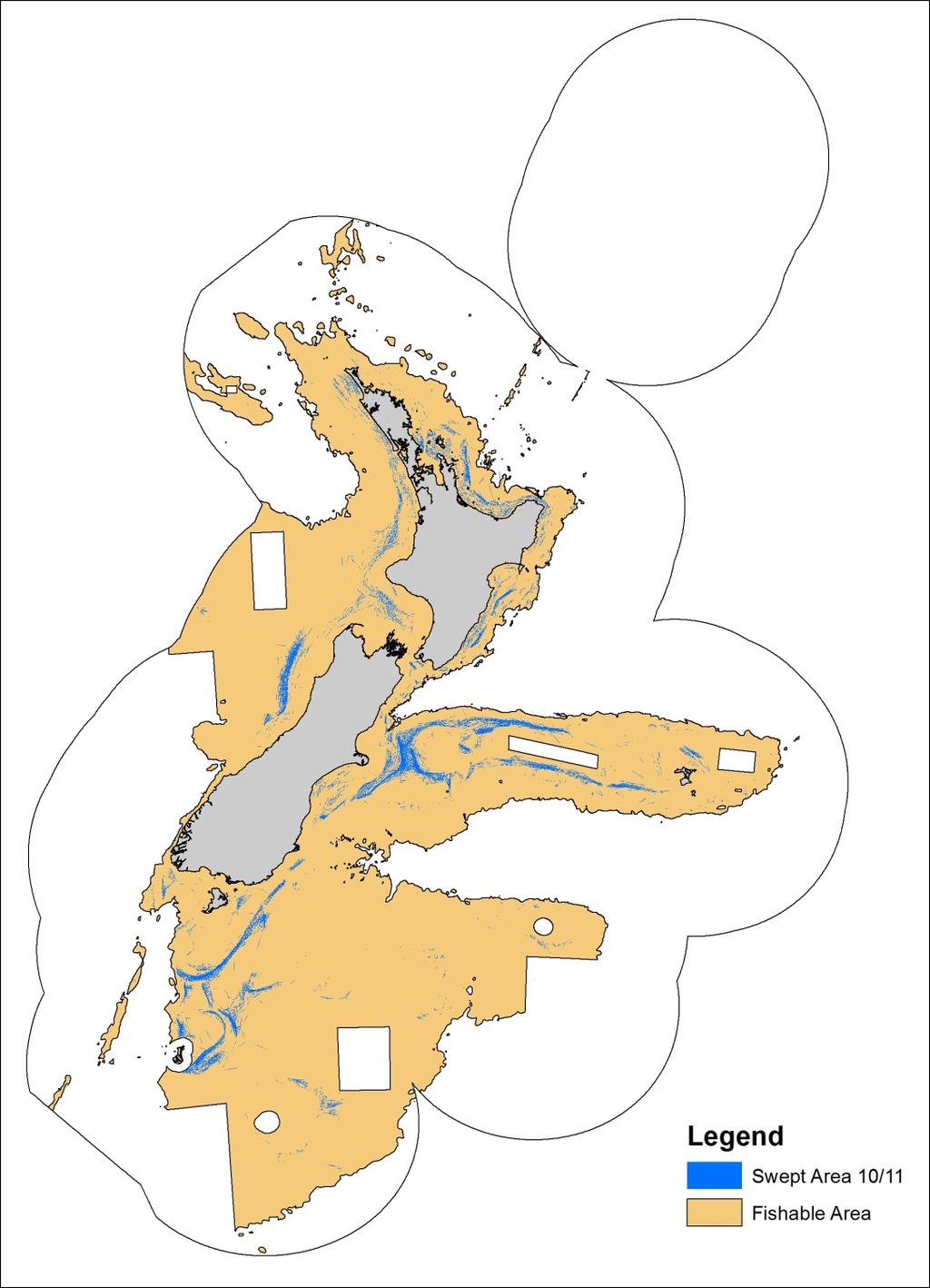 Figure 20: Estimated swept area in 2010/11 overlain on the fishable area. The swept area comprises 3.8% of the fishable area (i.e. Shallower than 1600 m) and 1.3% of the EEZ and TS combined.