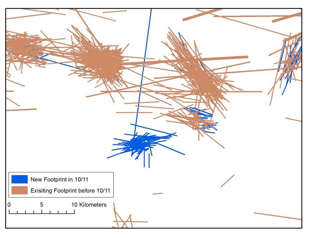 Figure 27: A region to the east of Campbell Island showing a shift in trawl effort during 2010/11 into an area that was previously only sparsely trawled.