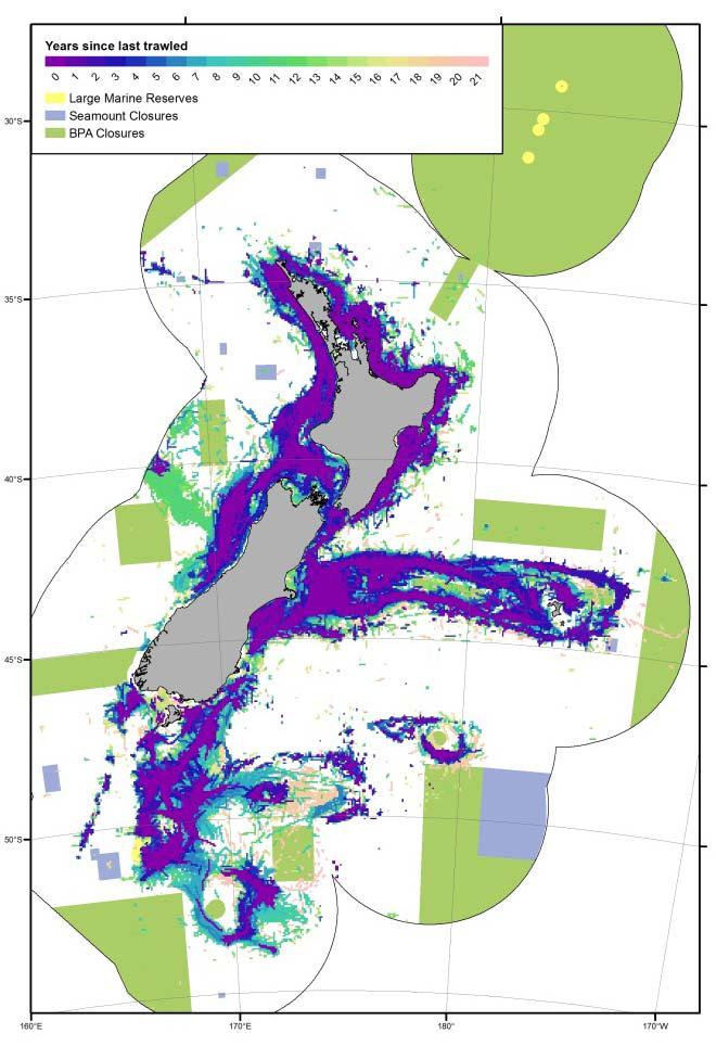 Figure 30: The number of years since each cell was last trawled (for all species). Areas closed to trawling are also shown.
