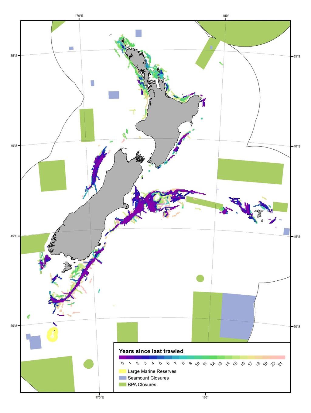 for more than ten years (Figure 31). Small areas around the Chatham Rise and to the east of Stewart Island have remained unswept for even longer periods.
