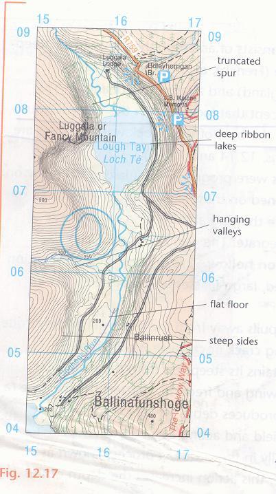 U Shaped Valley look for river valley in or between mountains no contours along river side shows flat valley tightly