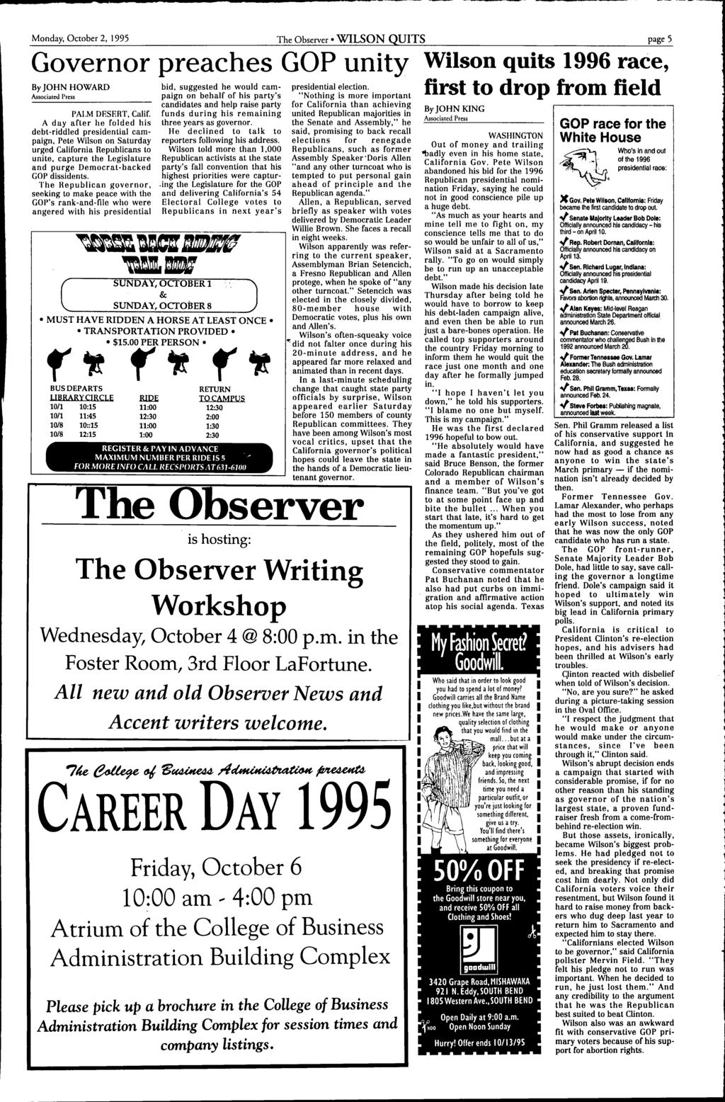 Monday, Octobe 2, 1995 The Obseve WILSON QUITS page 5 Goveno peaches GOP unity By JOHN HOWARD Associated Pess PALM DESERT, Calif.