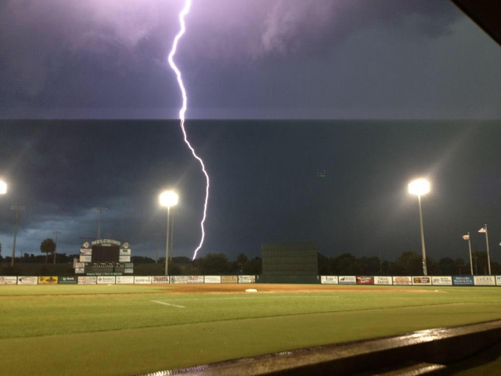 LIGHTENING Stop the game immediately Return all players to the dugout If there is no dugout move them