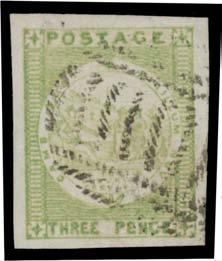 250 276 G A+ NEW SOUTH WALES Lot 276 THREE PENCE: Bluish to Grey Wove Paper 3d yellow-green SG 42, margins good to large, an early impression with excellent colour, bars cancel of