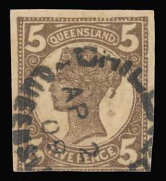 A/B 1895-96 Void Background 2½d perforated colour trials Crown/Q in purple & in brown, and on Blue Paper in rose (2, shades); also 4-Figures No Wmk in chestnut (perf faults); large-part o.g. (5) 600 150 338 G A Lot 338 1897-1908 Figures in Four Corners 5d black-brown as SG 248 but apparently imperforate, 'CHILDERS' cds.