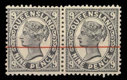 Prestige Philately - General Public Auction No 139 Page: 26 QUEENSLAND (continued) 340 P A- Lot 340 1897-1908 Figures in Four Corners 9d colour-trial pair in bluish grey on gummed Crown/Q paper