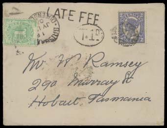 Prestige Philately - General Public Auction No 139 Page: 30 QUEENSLAND - Postmarks (continued) 360 C A- Lot 360 BRISBANE: straight-line 'LATE FEE' h/s superb strike on 1903 Tatts