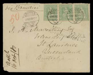 250 361 C B B1- Lot 361 BRISBANE: 'MISSENT/TO-BRISBANE' good strike (with another lesser strike slightly overlapping it) on 1880 Macartney cover to St Lawrence from Switzerland