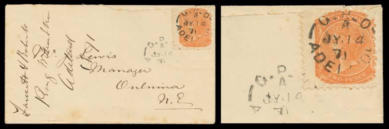 Prestige Philately - General Public Auction No 139 Page: 33 SOUTH AUSTRALIA (continued) 373 G A C1 Lot 373 1871 Wmk V/Crown 2d brick-red SG 166 wing-margin example from the left of the right-hand
