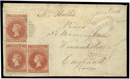 75 SOUTH AUSTRALIA - Postal History Lot 392 392 C B 1855 (March 12) front to England with attractive franking of London Printing 2d rose-carmine SG 2 single & horizontal pair - full margins except at