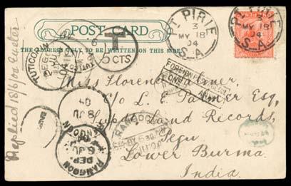 Prestige Philately - General Public Auction No 139 Page: 38 SOUTH AUSTRALIA - Postal History (continued) 396 C A- Lot 396 1904 PPC to "Pegu/Lower Burma/India"