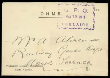 black, surfaced both sides, 'BOOLEROO CENTRE' squared-circle. Scarce view. SOUTH AUSTRALIA - Postmarks 150 398 C B A1- Lot 398 Adelaide: fancy-scroll 'G. P. O.