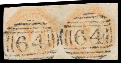 Prestige Philately - General Public Auction No 139 Page: 40 TASMANIA (continued) Lot 405 405 O 1853-54 Courier Plate I Finely Engraved First State of the Plate 4d bright red-orange SG 5 vertical