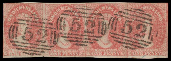 600 411 F A/B 412 W B Lot 411 1857-69 Numeral Watermarks 1d carmine SG 29 horizontal strip of 4, margins close to large except at left