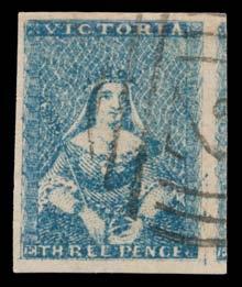 Prestige Philately - General Public Auction No 139 Page: 47 VICTORIA - 1850-59 "Half-Lengths" (continued) 438 F A+ Lot 438 Campbell & Fergusson: 3d steel-blue SG 31, margins large to huge with a