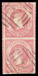 300 444 F A-/A Lot 444 1858 Good Quality Wove Paper No Wmk Rouletted 4d bright rose SG 63a vertical pair, two enormous stamps rouletted so as to leave part of all four units at left