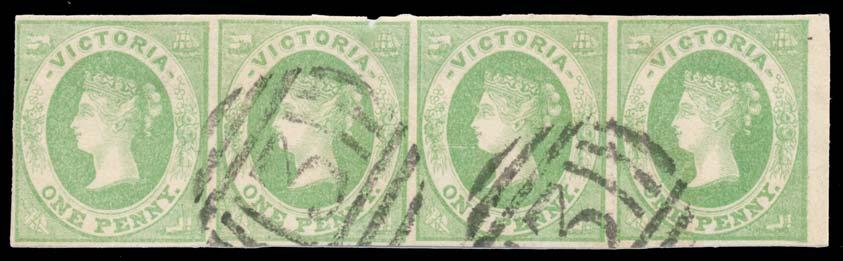 Lot 445 445 G/V A/C 1858 Good Quality Wove Paper No Wmk Imperf 1d emerald-green SG 64a horizontal strip of 4, margins just clear to large, the second unit with a defect at top, BN