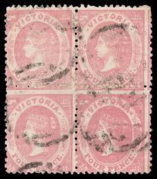 Close Together SG 87a block of 4, ironed-out crease across lower units, central but indistinct numeral cancel, Cat 40++.
