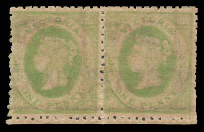 300 Lot 455 455 * A 1860-63 Perf 12 Wmk Words of Value 1d yellow-green SG 98a horizontal pair, virtually full (characteristic brown) o.g., Cat 180+.
