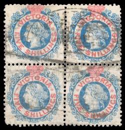 300. 473 O A/B Ex Lot 473 1863-81 Laureates V/Crown Perf 12 1/- blue/blue SG 147 block of 4 tied to piece by Emerald Hill
