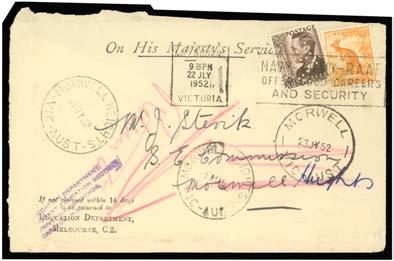 Prestige Philately - General Public Auction No 139 Page: 64 VICTORIA - Postmarks (continued) 517 C B A1- Lot 517 Morwell Heights (1): 'MORWELL HEIGHTS/31JY52/VIC-AUST' almost very fine strike on face