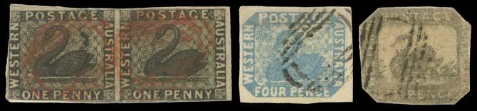 Prestige Philately - General Public Auction No 139 Page: 65 WESTERN AUSTRALIA Ex Lot 522 522 OW 1854-1880s collection with Imperfs including "Penny Black" (8, including a pair with void-grid cancel