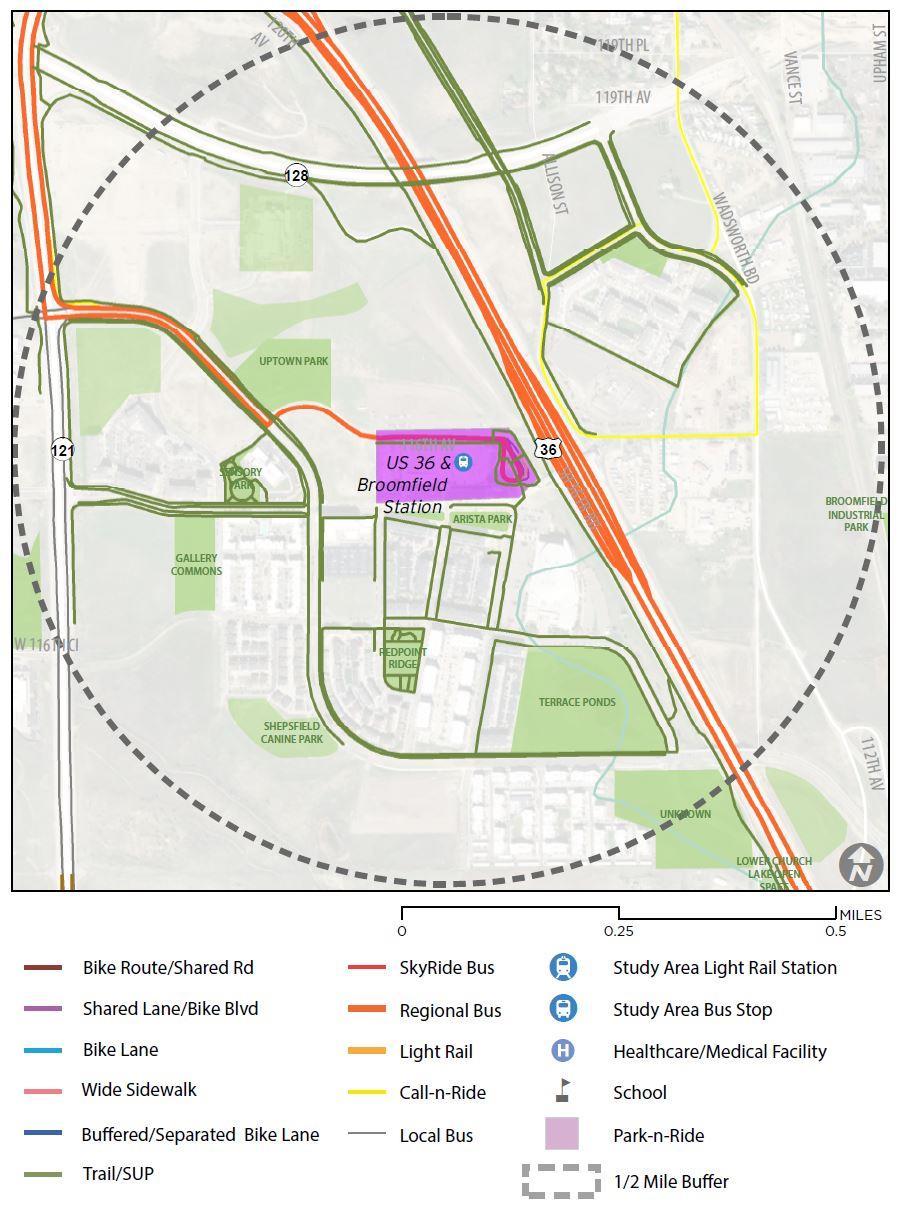 US 36 and Broomfield PnR Issues: Long crossing distances difficult active transportation and micromobility conditions. Park and Ride usually under capacity (63%).