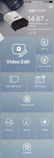 4. Appications 4.1. Main Page A functions starts from here Settings Edit a your videos Backup a your photos/videos into pqireader device. Import backup photos/videos into Appe s abum.