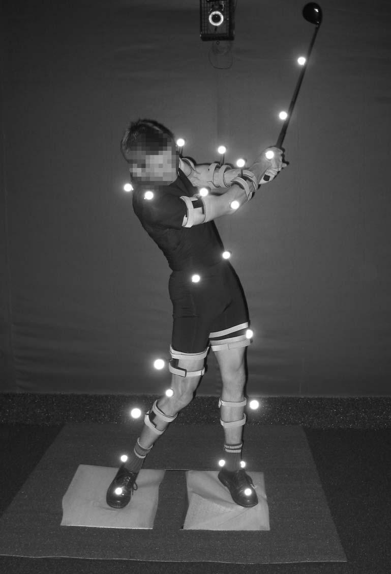 Biomechanics and golf drive performance 1253 Figure 1. Reflective marker placements. Data reduction Of the ten shots, the five with the highest ball velocity were analysed and averaged.