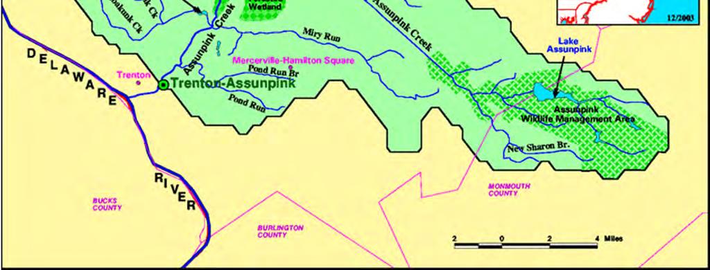 Assunpink Creek contributing DA 91.7 square miles Pond Run contributing DA 9.