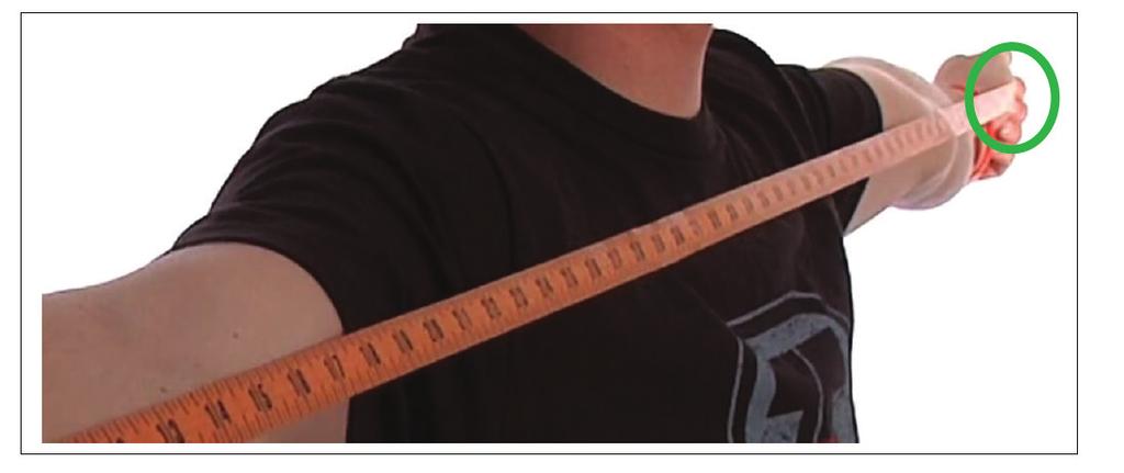 MEASURING WING SPAN: Have the athlete hold a cloth or paper tape measuring tape in both hands with arms stretched out.