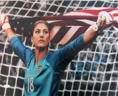 Abby Wambach Signed Team USA Women's Soccer 16x20 PSA Q58856 - Holding Flag (BWU001IS) $184 Hope Solo Signed Gold Soccer Goal Keeper Jersey 2012 GOLD JSA (BWU001IS) $303 Hope Solo Signed Dark Blue