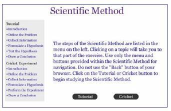 How to Use the Scientific Method On-Line Lab This is a two part website: the first part is a tutorial on the scientific method. The second part is a simulation of an experiment on crickets.
