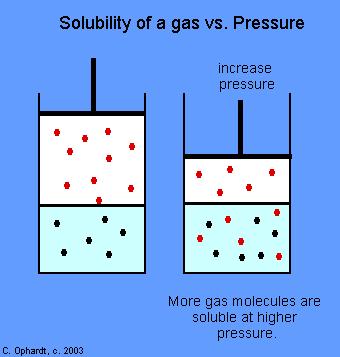 Solubilities of Gases Henry s Law The solubility of a gas in a liquid increases as the pressure above the liquid increases. Explains decompression sickness (the bends ).