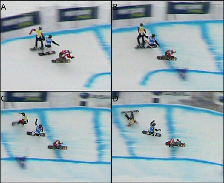 Bank turn injury, contact A. The rider in the red jersey has the inner position in the initial phase of a bank turn. B.