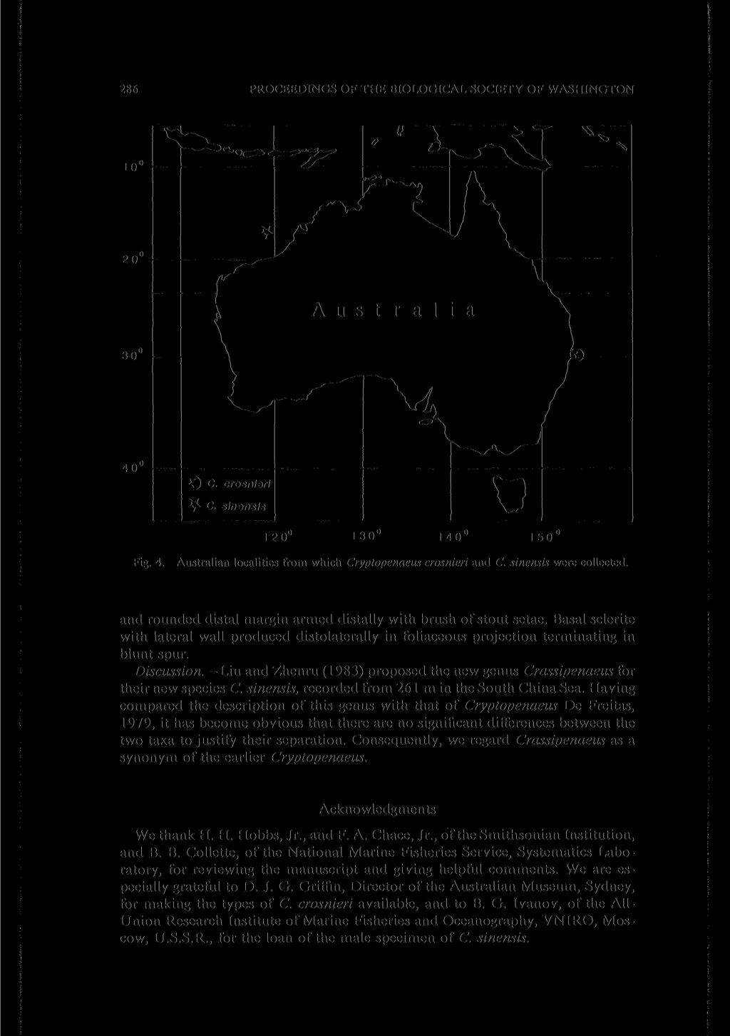 286 PROCEEDINGS OF THE BIOLOGICAL SOCIETY OF WASHINGTON Fig. 4. Australian localities from which Cryptopenaeus crosnieri and C. sinensis were collected.
