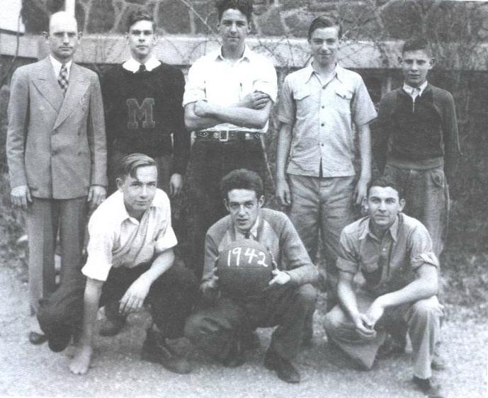 1942 Boys Basketball Team Front Row: Warren Weeks, Thomas Hess, Joseph Hiner; Second