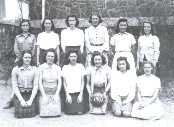 1942 Girls Basketball Team Front Row: Barbara Stephenson, Betsy Whitelaw, Wanda Newman, Hazel Hannah, Martha Hiner, Pearl