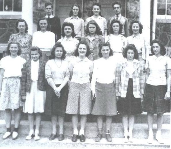 Class of 1942 Front row: Pearl Hiner, Marie Hevener, Joyce Hiner, Betsy Whitelaw, Martha Hiner, Sue Harold, Virginia Wilcox; Second row: Merlyn Bird,