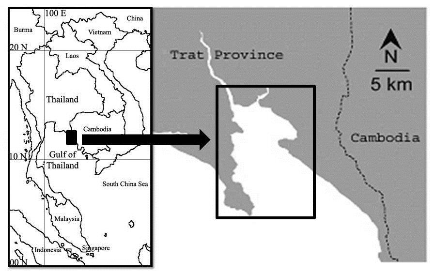 Figure 1 Map and location of the sampling area at Trat Province fishing ground Results There were 1,162 individuals mud crabs, from 3 species of the coexisting populations in the Eastern Gulf of