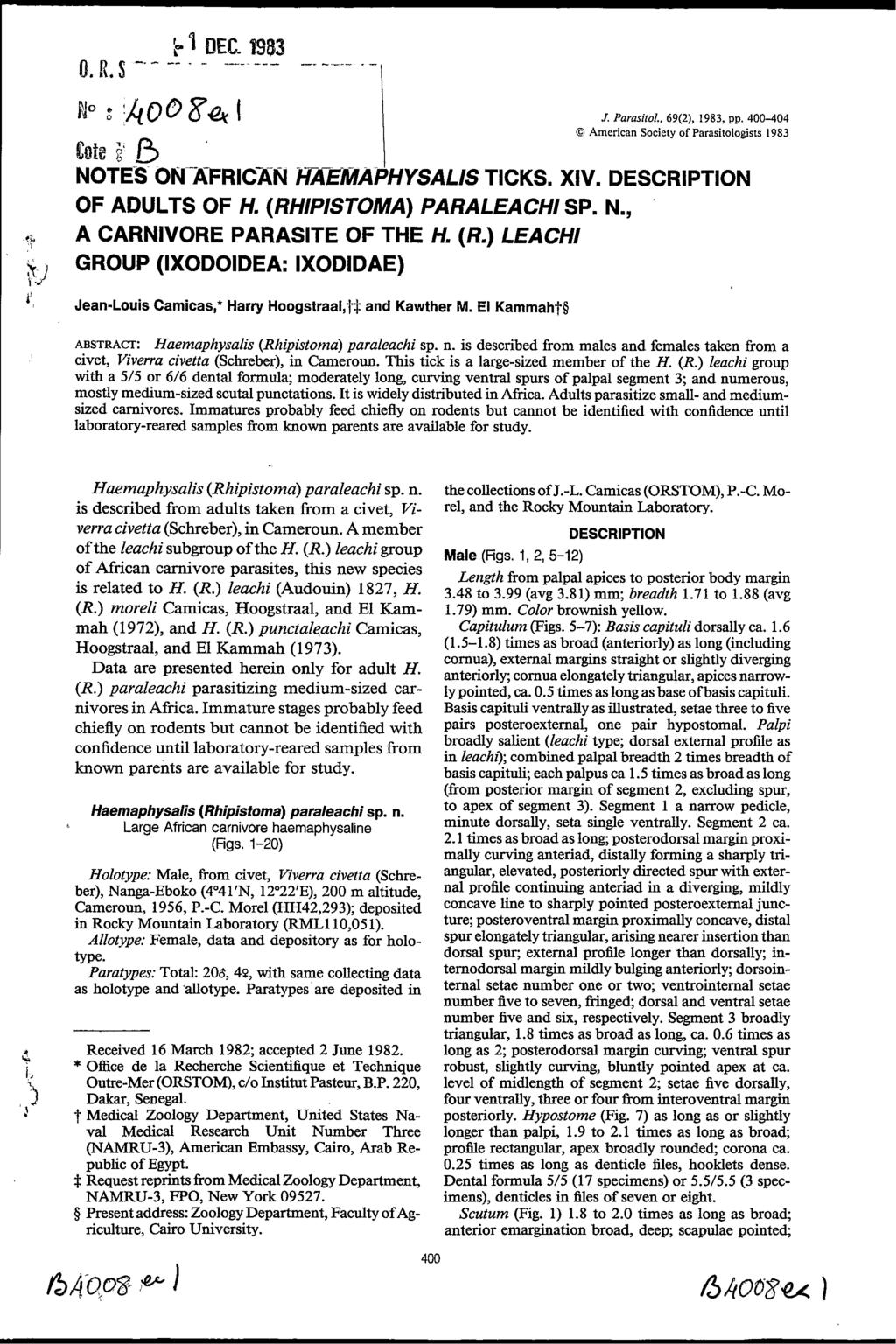 ' No 0" M e 2 1gglo94+ 1 J Paresilo[., 69(2), 1983, pp 40C-404 Q Amencan Society of Parasitologists 1983 TJ OF ADULTS OF H. (RH