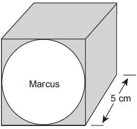 23. Marcus wants to decorate his box that is in the shape of a cube. He decides to cover the entire box with red colored paper except the circle with his name on it. The box is shown below.