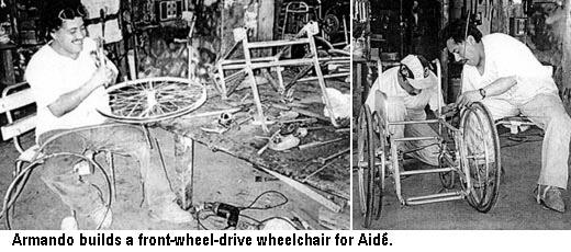 Inez would hold her wrists and push them forward, helping Aidé to move the chair. However, Aidé was unable to grip the hand-rims, that were mounted to the inside of the wheels.