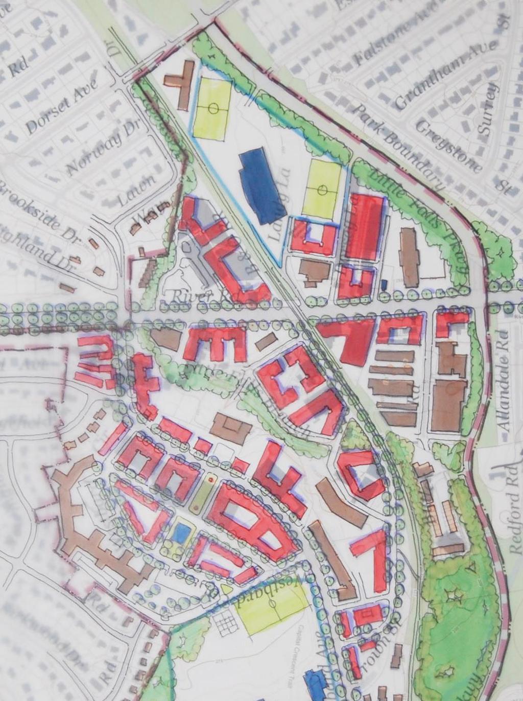 Concept 1 River Road Buildings on River Road up to 75 New Dorsey street to Little Falls Parkway New Green at Whole Foods Site Residential over Grocery Store at Whole Foods site/structured parking